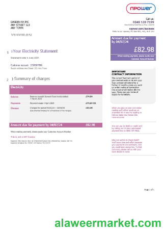 United Kingdom Npower business utility bill, Word and PDF template